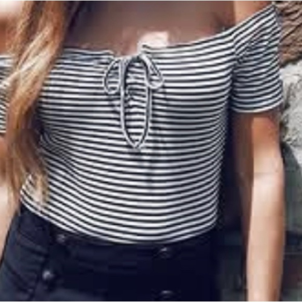 K/Lab Black and White Striped Off-Shoulder Bodysuit
